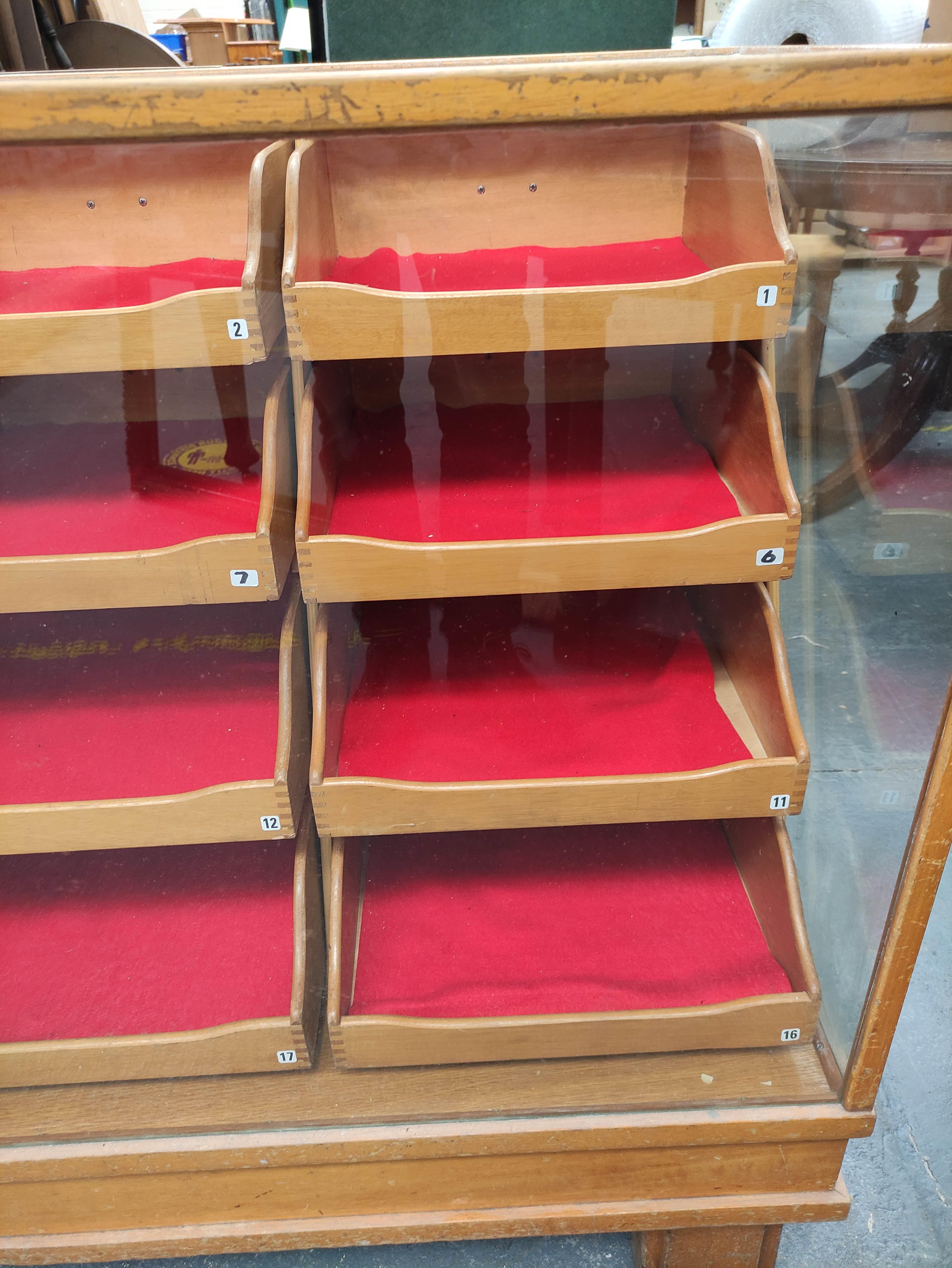 Vintage haberdashery shop cabinet, the glazed cabinet with an inset brass measuring rule to the top, - Image 4 of 6