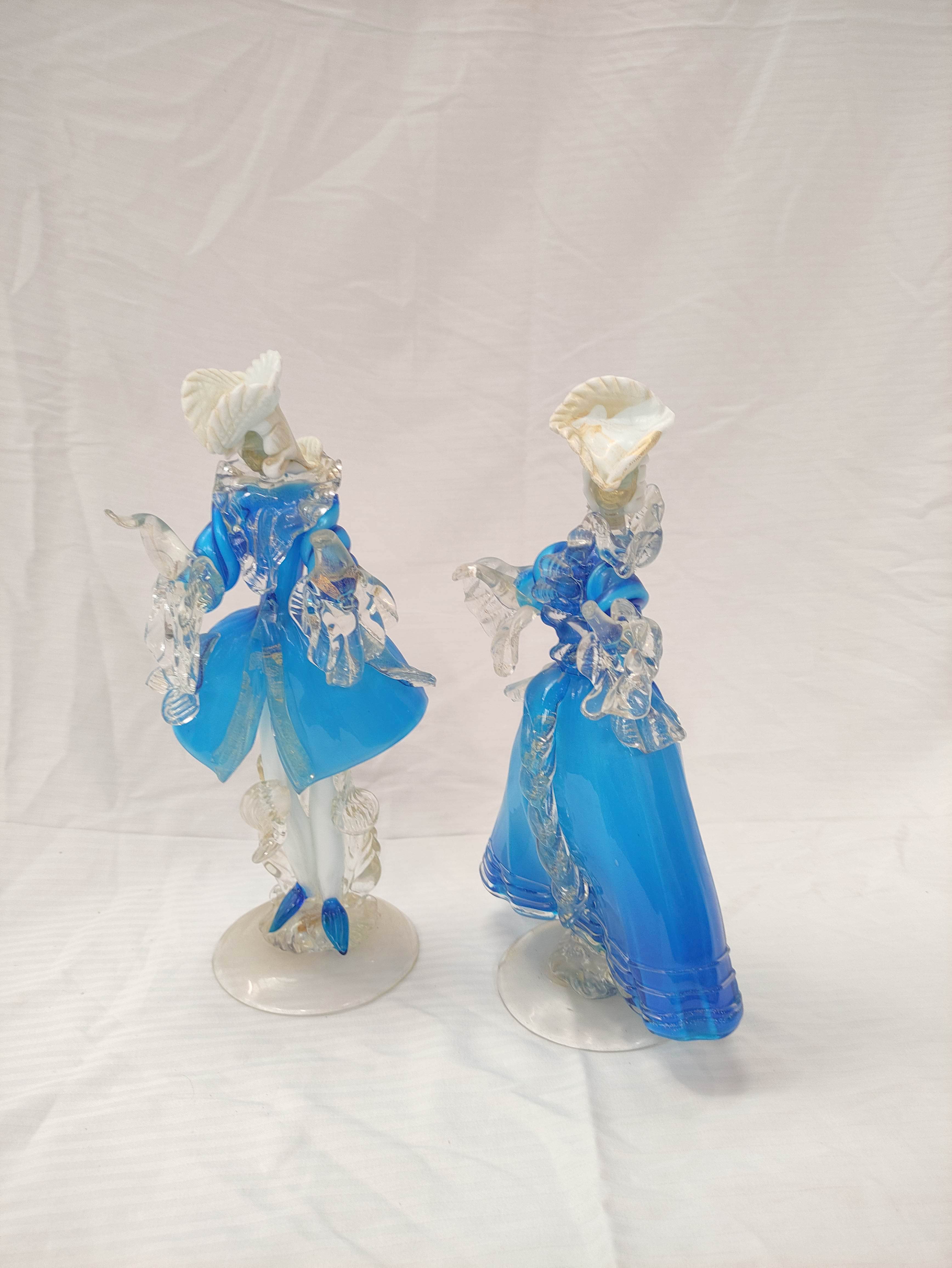 Pair of mid 20th century Venetian blue, white and clear glass figures of a lady and gentleman in - Image 2 of 3