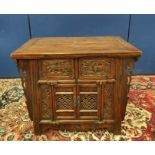 Antique Chinese Shanxi carved elm cabinet, With two deep drawers above two cupboard doors