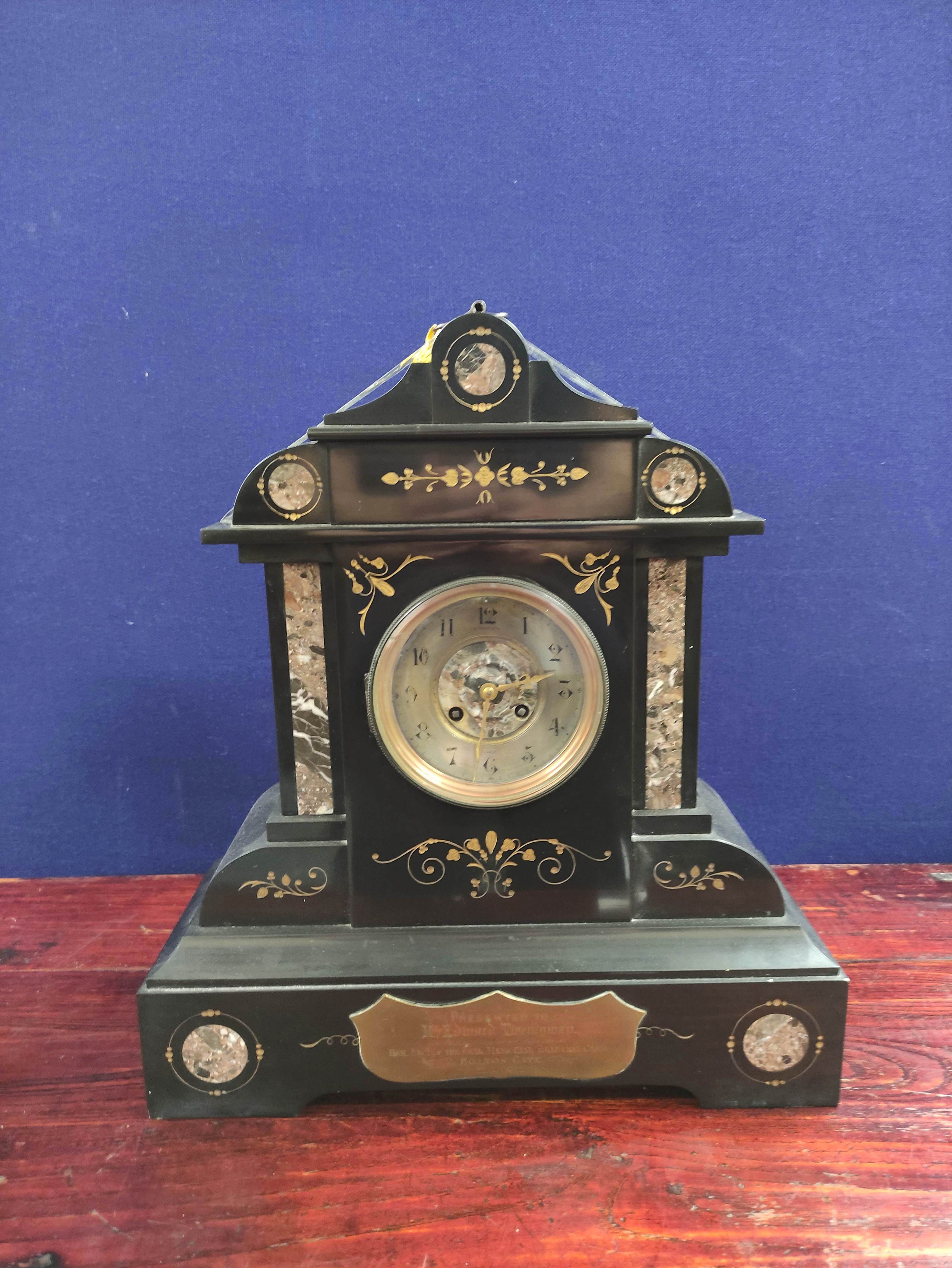 French 19th century mantel clock with inlaid panels and inscribed plaque dated 1892, 44.5cm.