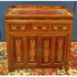Chinese inlaid hardwood cupboard with a three-quarter gallery above three short drawers and two