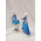 Pair of mid 20th century Venetian blue, white and clear glass figures of a lady and gentleman in