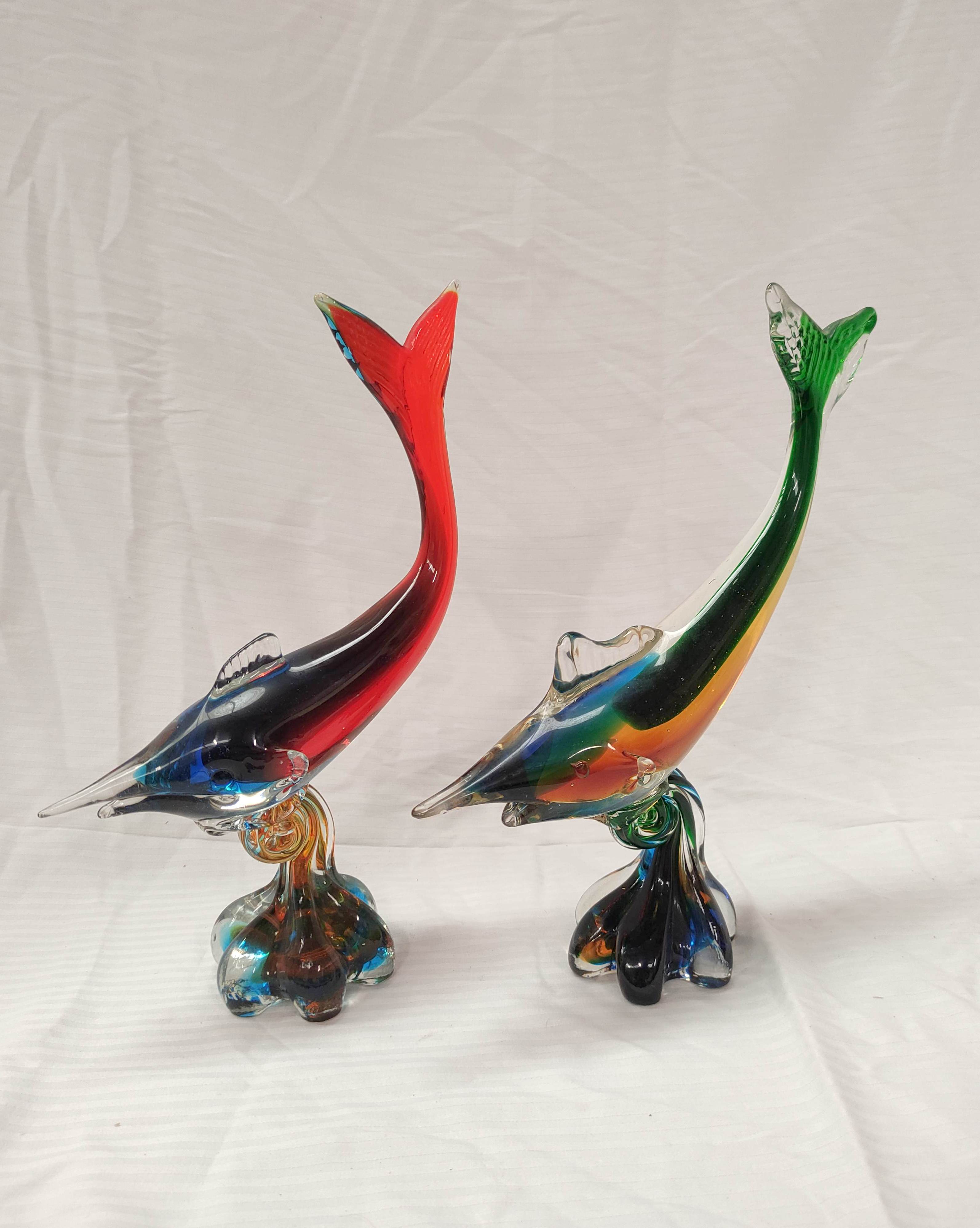 Two mid 20th century Continental art glass figures of fish on lobed scroll bases, 31cm and 30cm - Image 2 of 5
