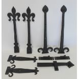 Three pairs of black painted metal Gothic style hinge fronts, 46cm, 45cm and 27cm long; a pair of