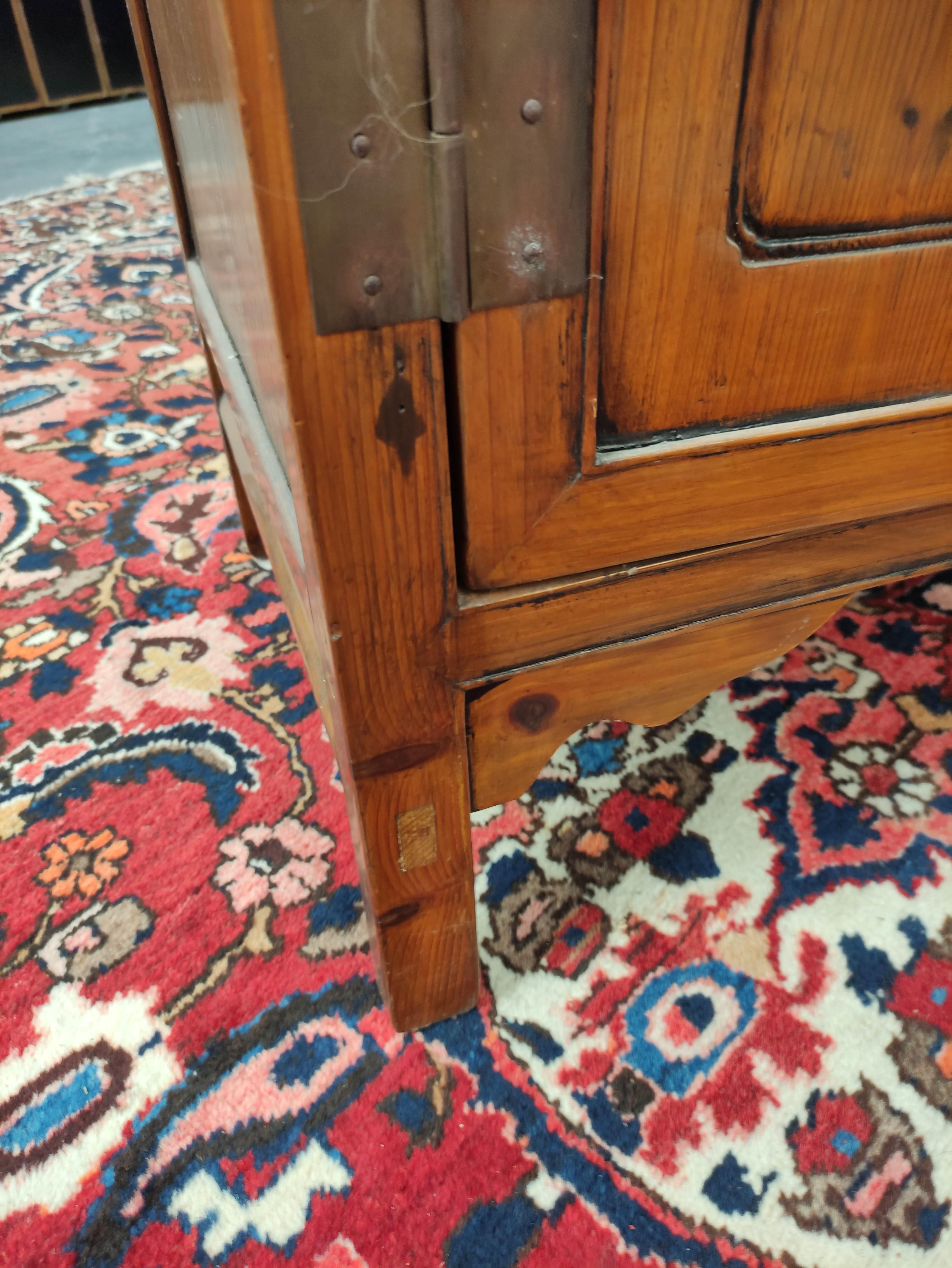 Chinese pine cupboard, with an open section to the top, decorated with Chinese fretwork, above two - Image 8 of 8