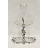 W.M.F. Art Nouveau period e.p. centerpiece with cut glass vase and dish upon female figure and