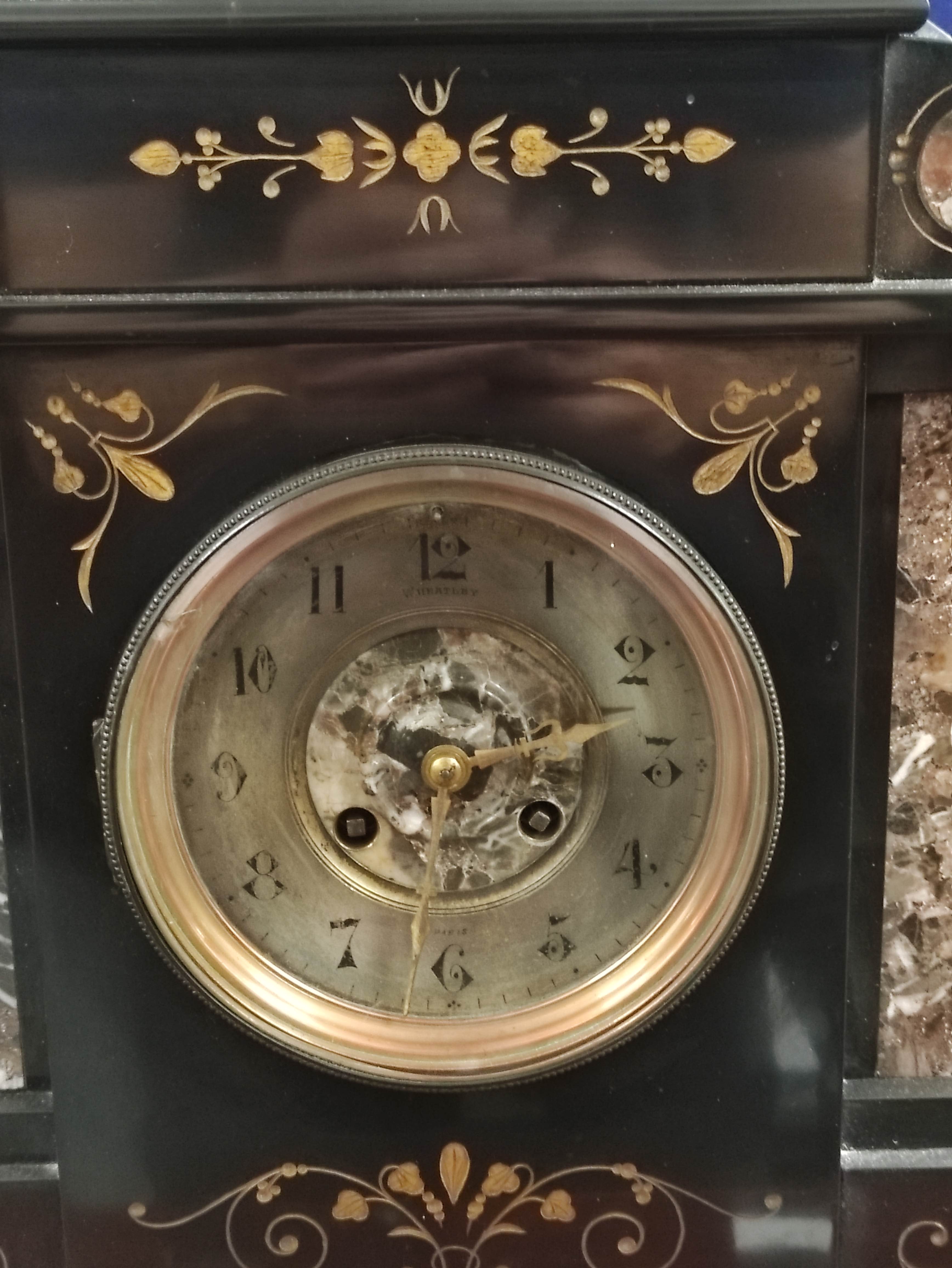 French 19th century mantel clock with inlaid panels and inscribed plaque dated 1892, 44.5cm. - Image 2 of 8