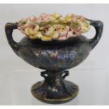 Austrian Amphora vase of twin handled urn form with lustre glazes and floral encrusted rim,