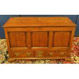 George III oak dower chest, with a hinged top above a panelled frieze and two small drawers, flanked