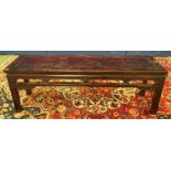 Antique Chinese lacquer bench, the rectangular top with pierced frieze sides and fret scrolls