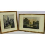 Two colour prints of Vienna; Schönbrunn Palace and Rathaus (City Hall) by Emil Singer (Austrian