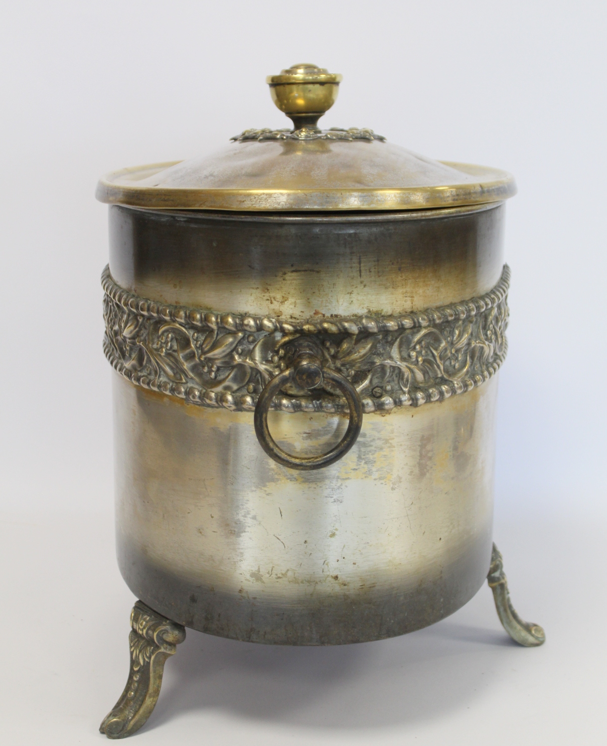 Arts & Crafts silvered brass coal box of oval form with twin ring handles, three foliate moulded - Image 4 of 7