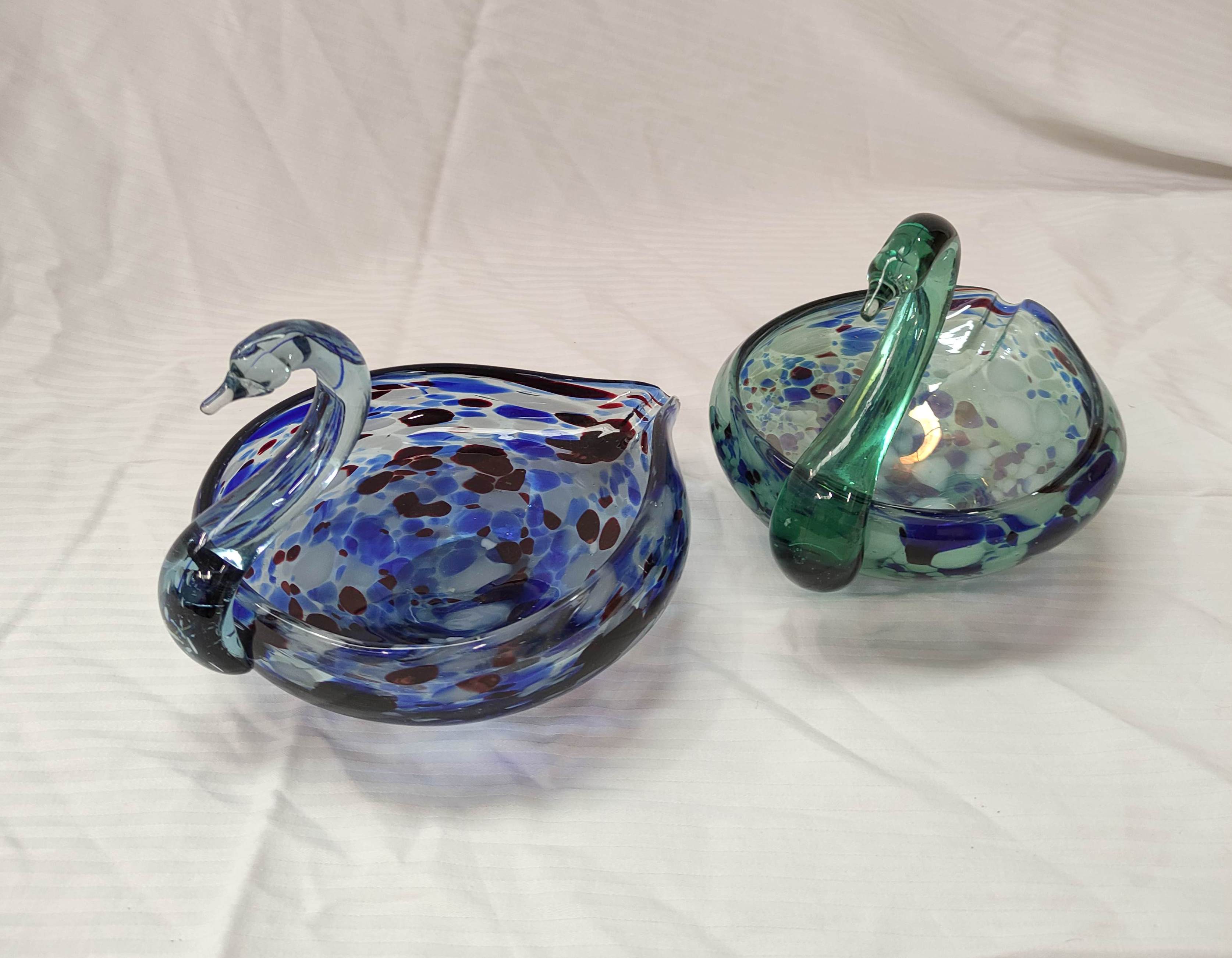 Two mottled art glass dishes in the form of swans, each 21cm long and another similar bird dish, - Image 2 of 3