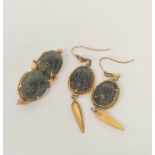 Pair of Victorian Scarab earrings with spear drops and a similar brooch, part mounted in gold.