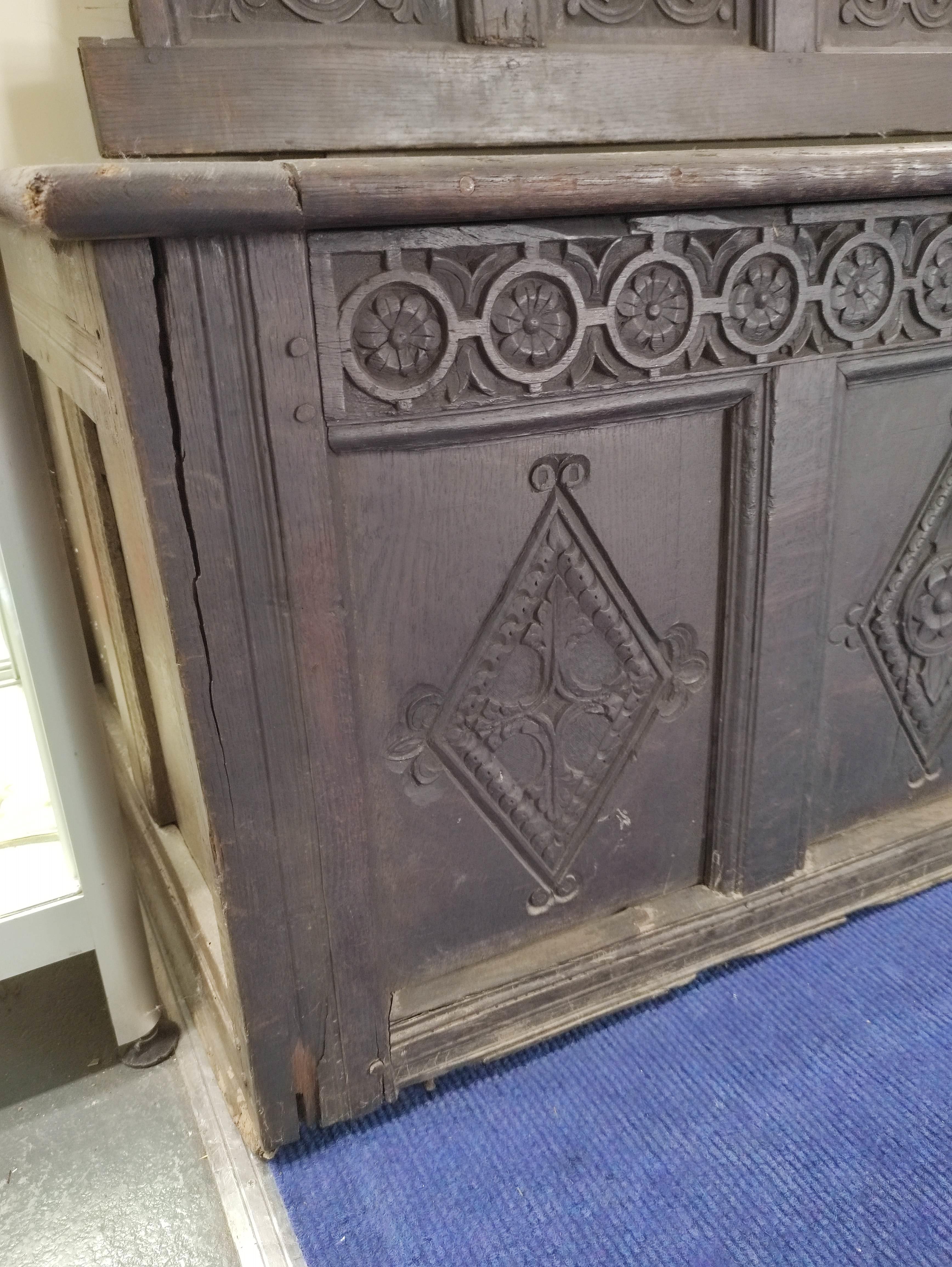 Charles I period carved oak hall bench, inscribed IMR and carved with floral panels and swags to the - Image 3 of 4