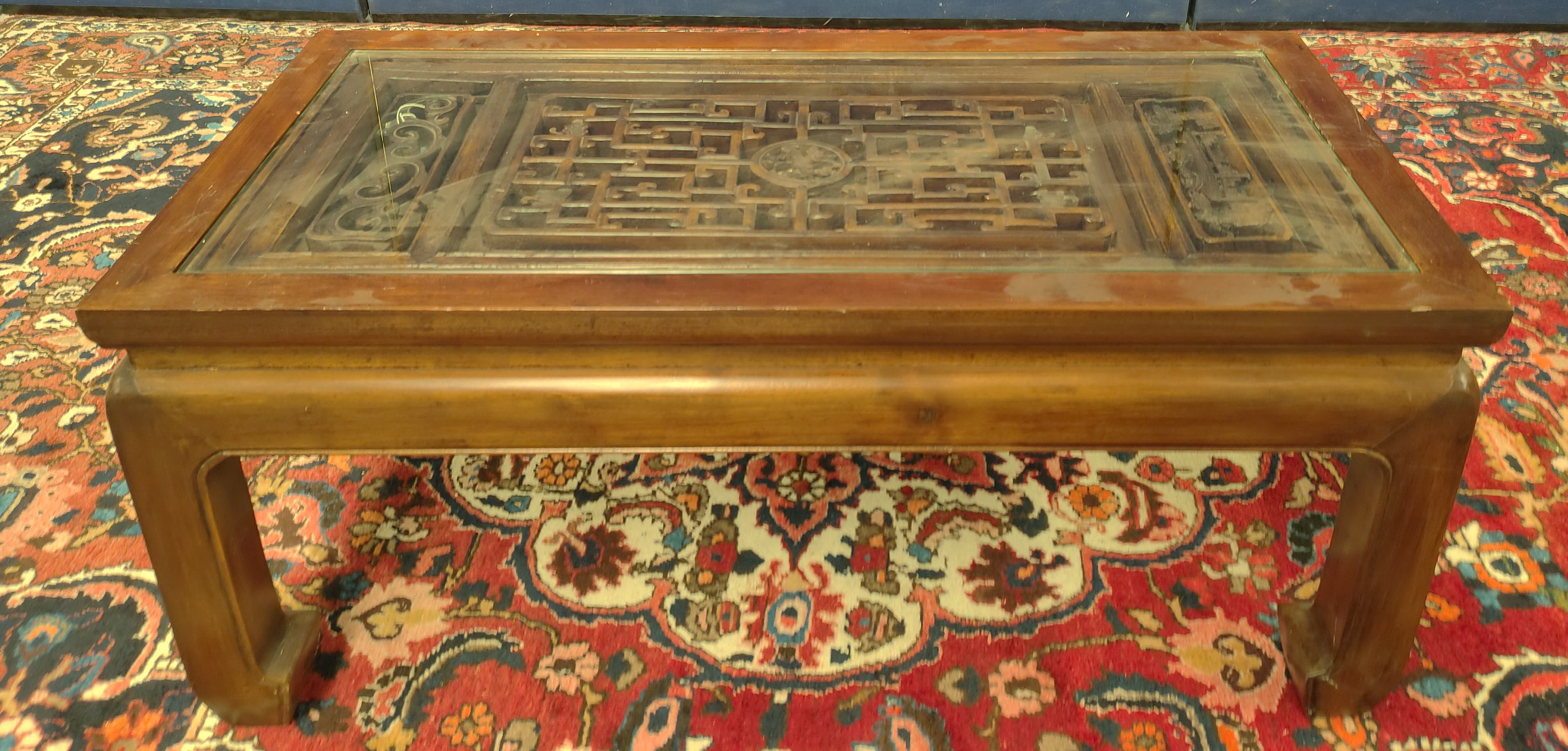 Chinese pierced carved window panel, circa mid 18th century possibly made from padouk wood, fixed to