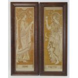 Pair of Arts & Crafts embroidered pictorial panels, "Song" and "Poetry", each depicting classical