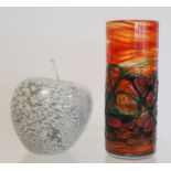 John Ditchfield Glasform studio glass hand blown apple with internal white mottled decoration, label