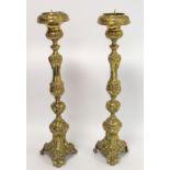 Pair of gilt brass ecclesiastical church altar candlesticks with pricket sconces on knopped baluster