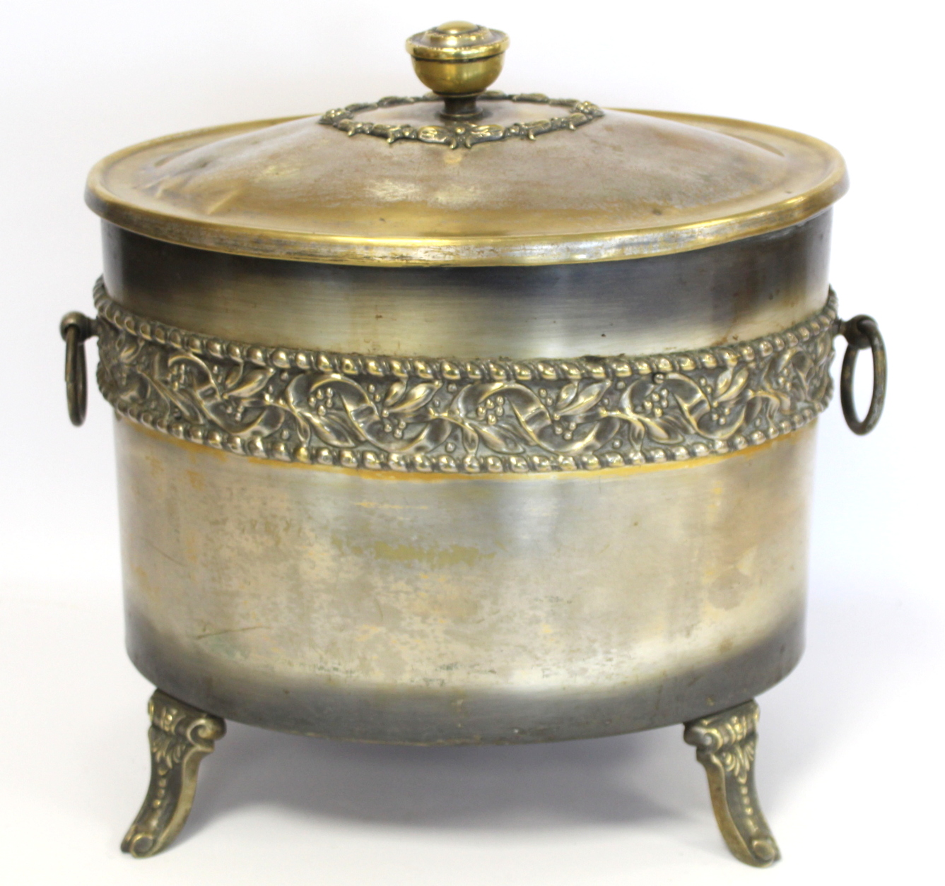 Arts & Crafts silvered brass coal box of oval form with twin ring handles, three foliate moulded