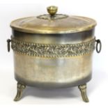 Arts & Crafts silvered brass coal box of oval form with twin ring handles, three foliate moulded