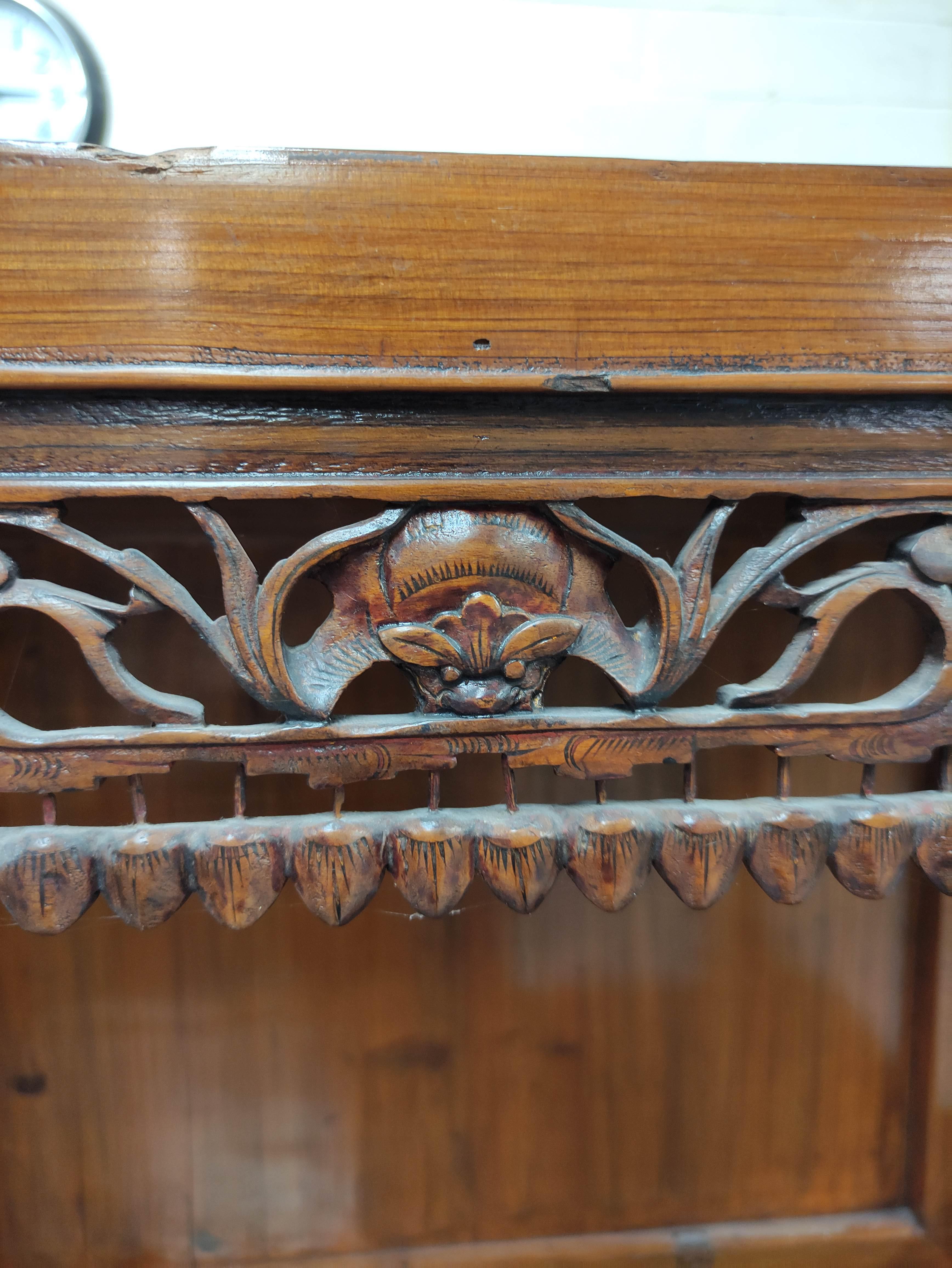 Chinese pine cupboard, with an open section to the top, decorated with Chinese fretwork, above two - Image 5 of 8