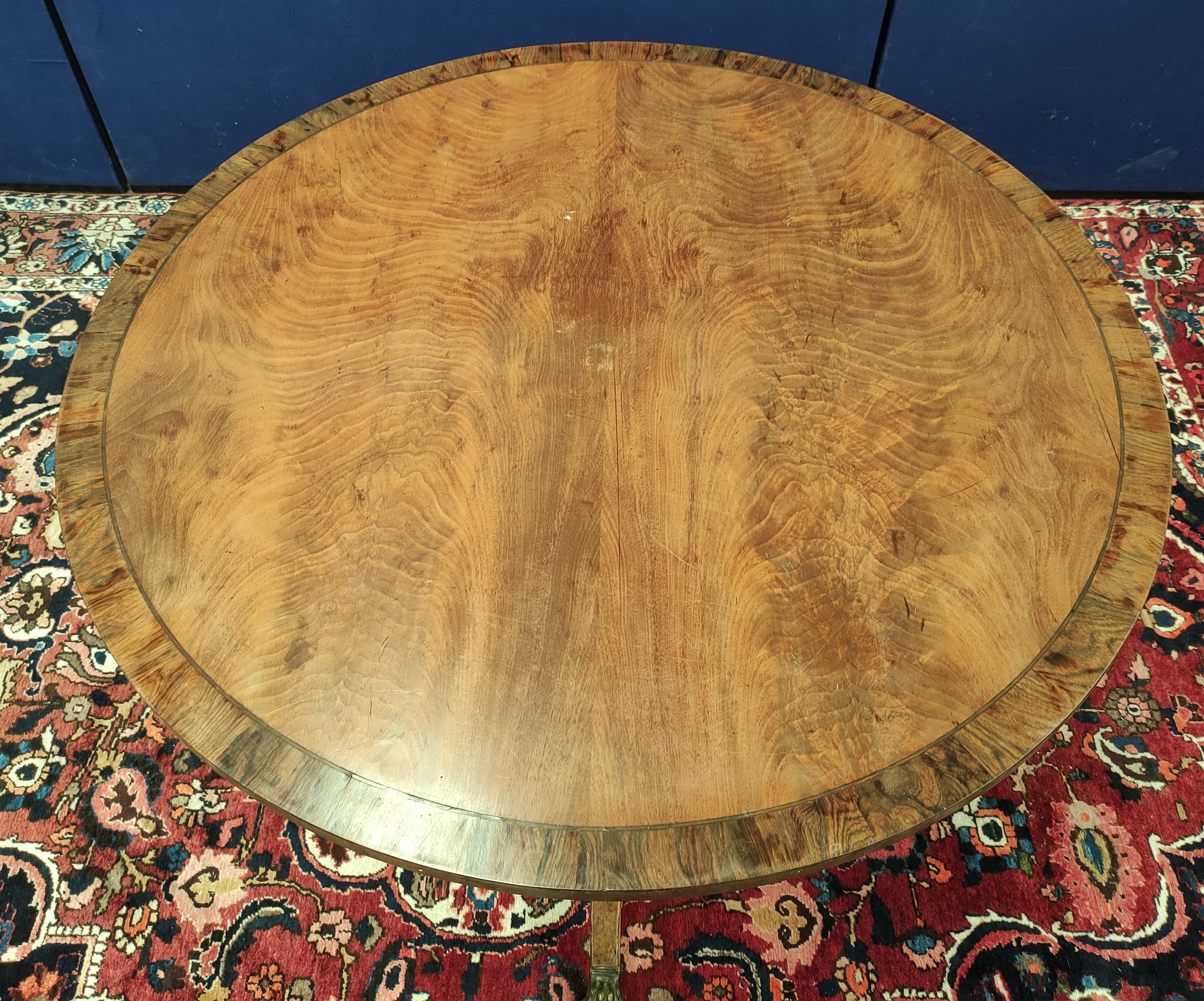 Mahogany breakfast table, the circular snap-action top on a turned column and tripod supports, - Image 3 of 13