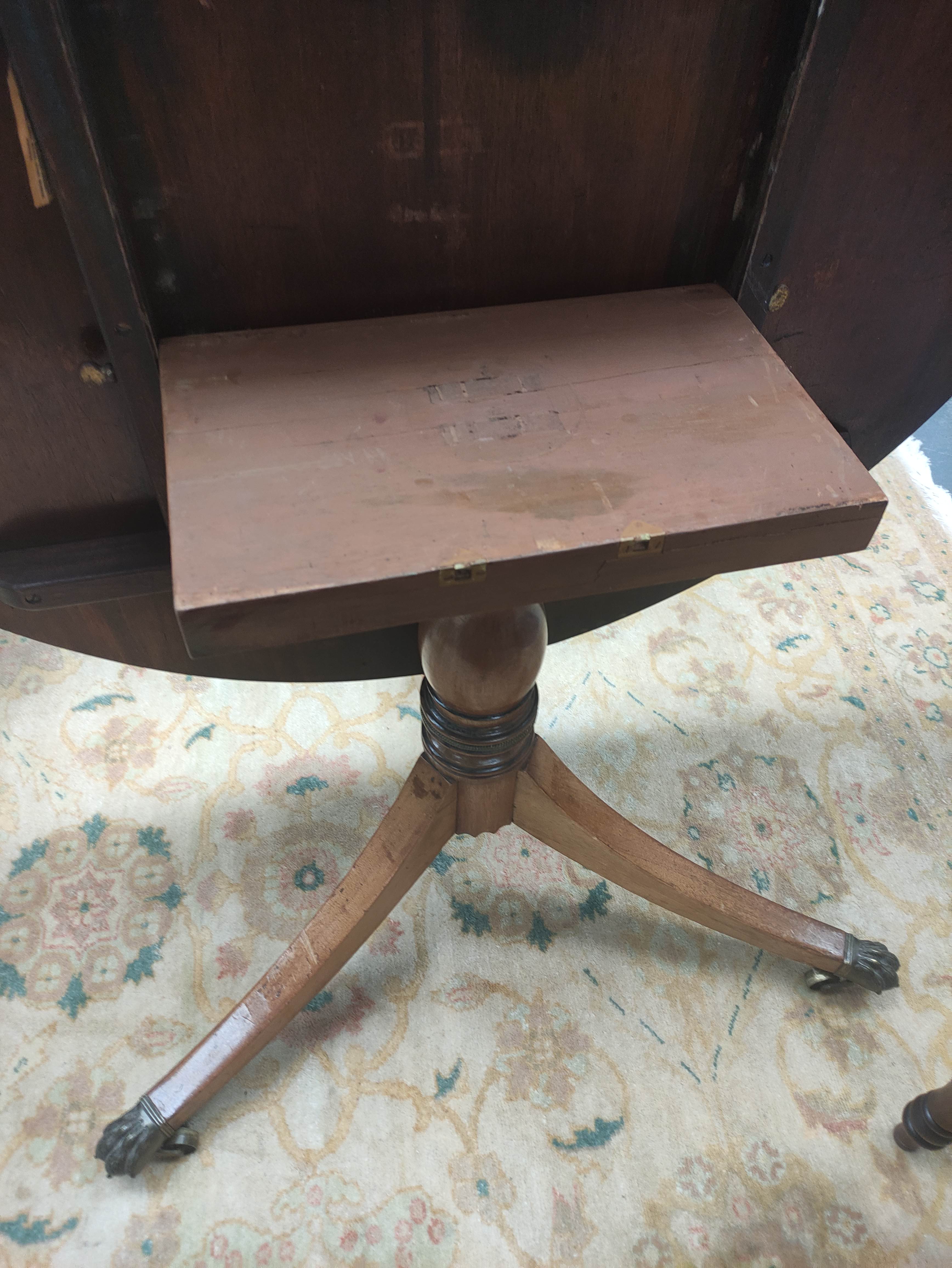 Mahogany breakfast table, the circular snap-action top on a turned column and tripod supports, - Image 12 of 13