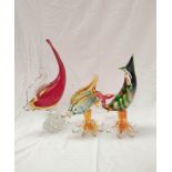 Three mid 20th century art glass figures of leaping fish, 38cm, 32cm and 23cm high.  (3).