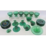 Collection of various items of green glass tableware, comprising: six lustre sundae dishes; three