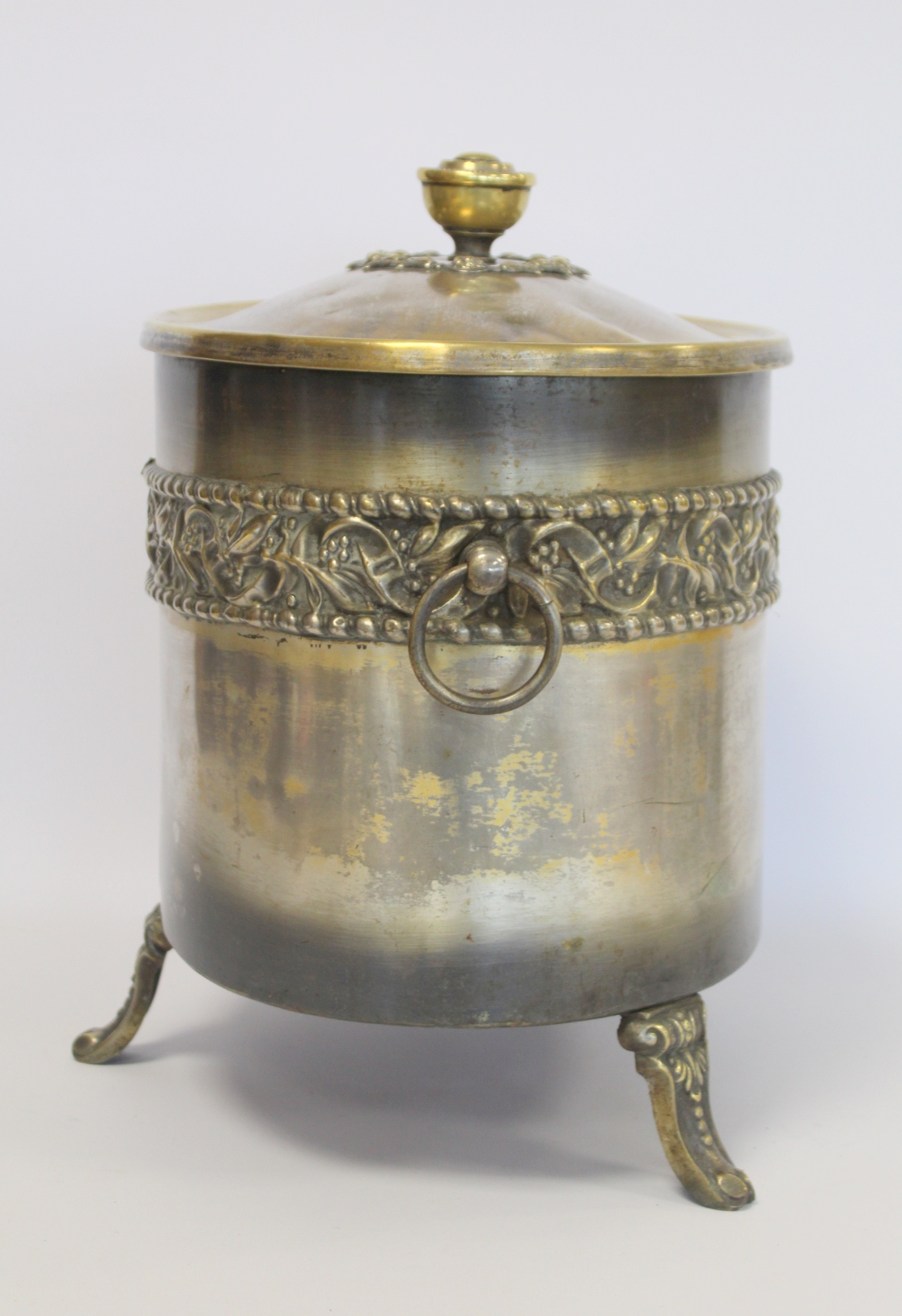 Arts & Crafts silvered brass coal box of oval form with twin ring handles, three foliate moulded - Image 2 of 7