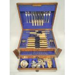 Walker & Hall e.p. canteen of 'Old English' pattern cutlery in oak cabinet, 42cm.