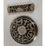 Austrian silver gilt compact engraved with black enamel, with matching lipstick holder, c1900.