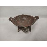 Chinese circular bronze raised dish (pan) with inscription to interior, 11.5cm high, 18.5cm diam.