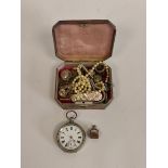 Nickel cylinder watch and various silver and other items in trinket box.