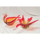 Two mid 20th century art glass dishes in the form of birds, 31cm and 21cm long.  (2).