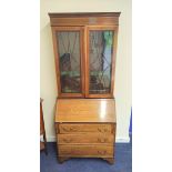 Edwardian inlaid mahogany bureau bookcase, the bookcase top with two glazed astragal doors enclosing