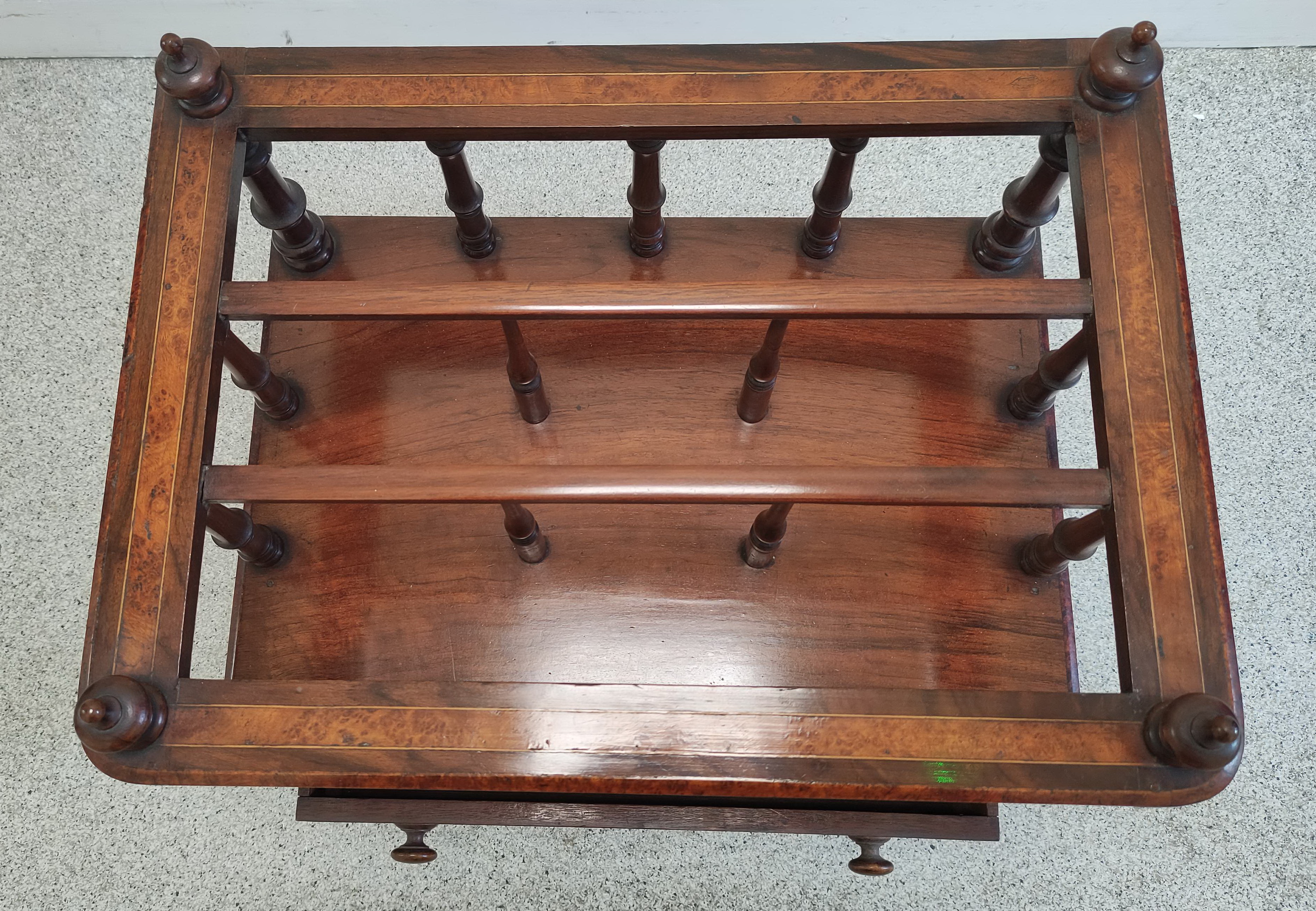 Victorian inlaid walnut Canterbury, the three division top on multiple turned columns, above - Image 3 of 5