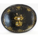 Large 19th century oval black lacquer papier mâché tray with painted decoration in predominantly