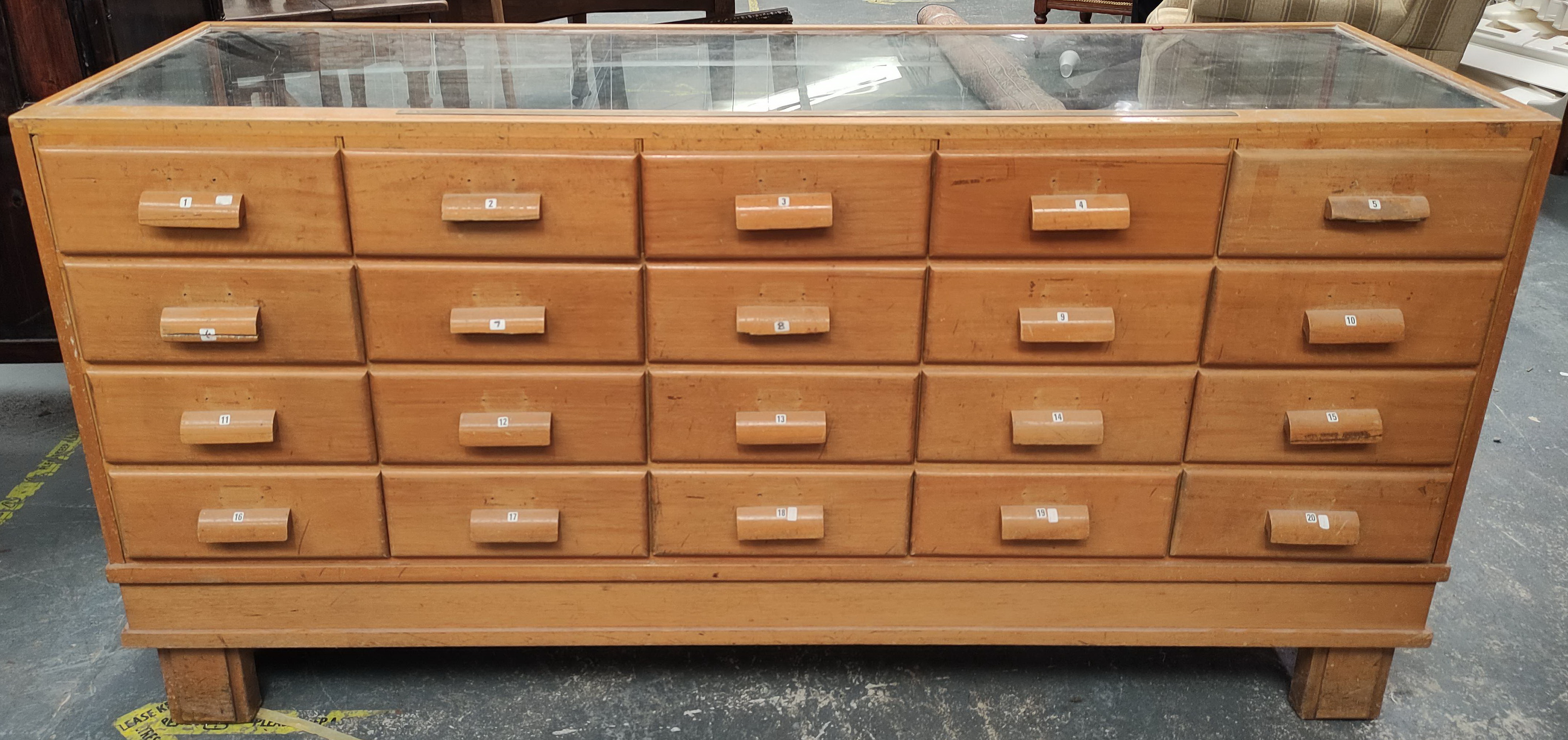 Vintage haberdashery shop cabinet, the glazed cabinet with an inset brass measuring rule to the top, - Image 6 of 6