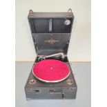 1920s Columbia no 109 portable gramophone in hard leatherette carry case. Carry handle replaced.