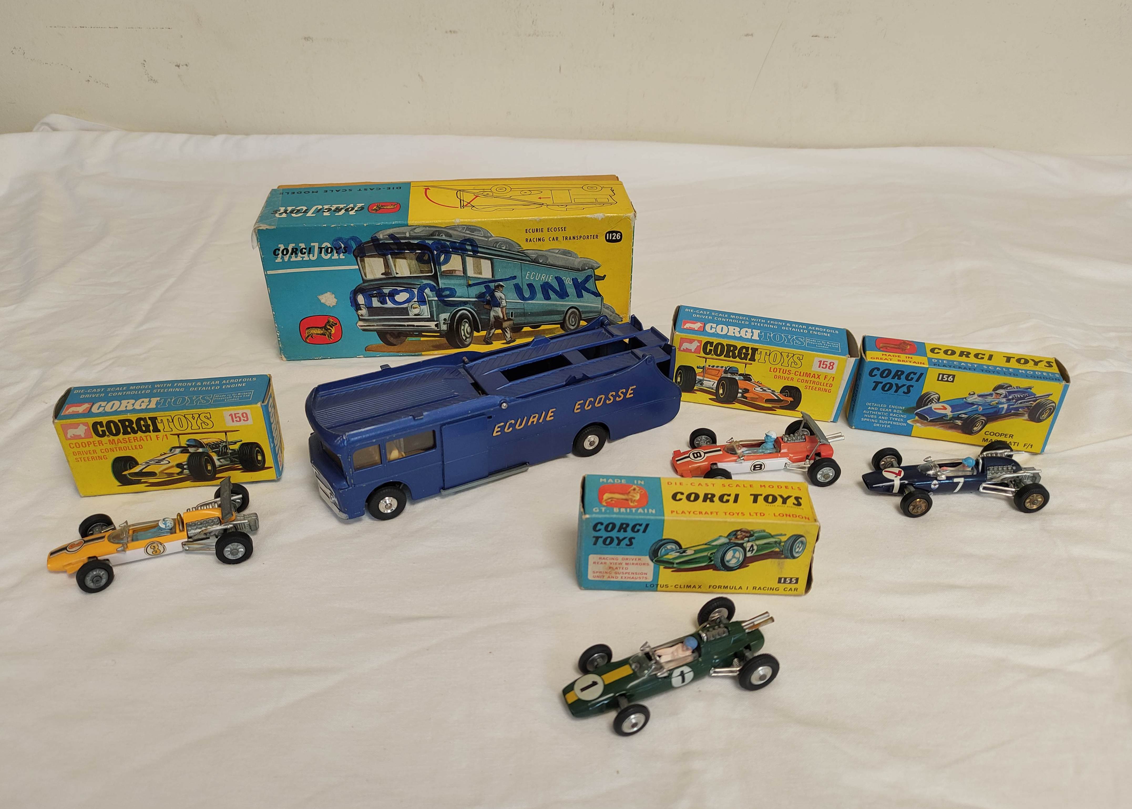 Corgi Toys- Boxed die cast models to include Ecurie Ecosse Racing Car Transporter No 1126, Lotus-