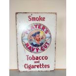 Three vintage advertisement signs to include a large reproduction Player's Navy Cut Cigarettes sign