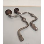 Two Victorian steel hand drills with hard wood hand rests. The first by Buck is stamped W.R Hide