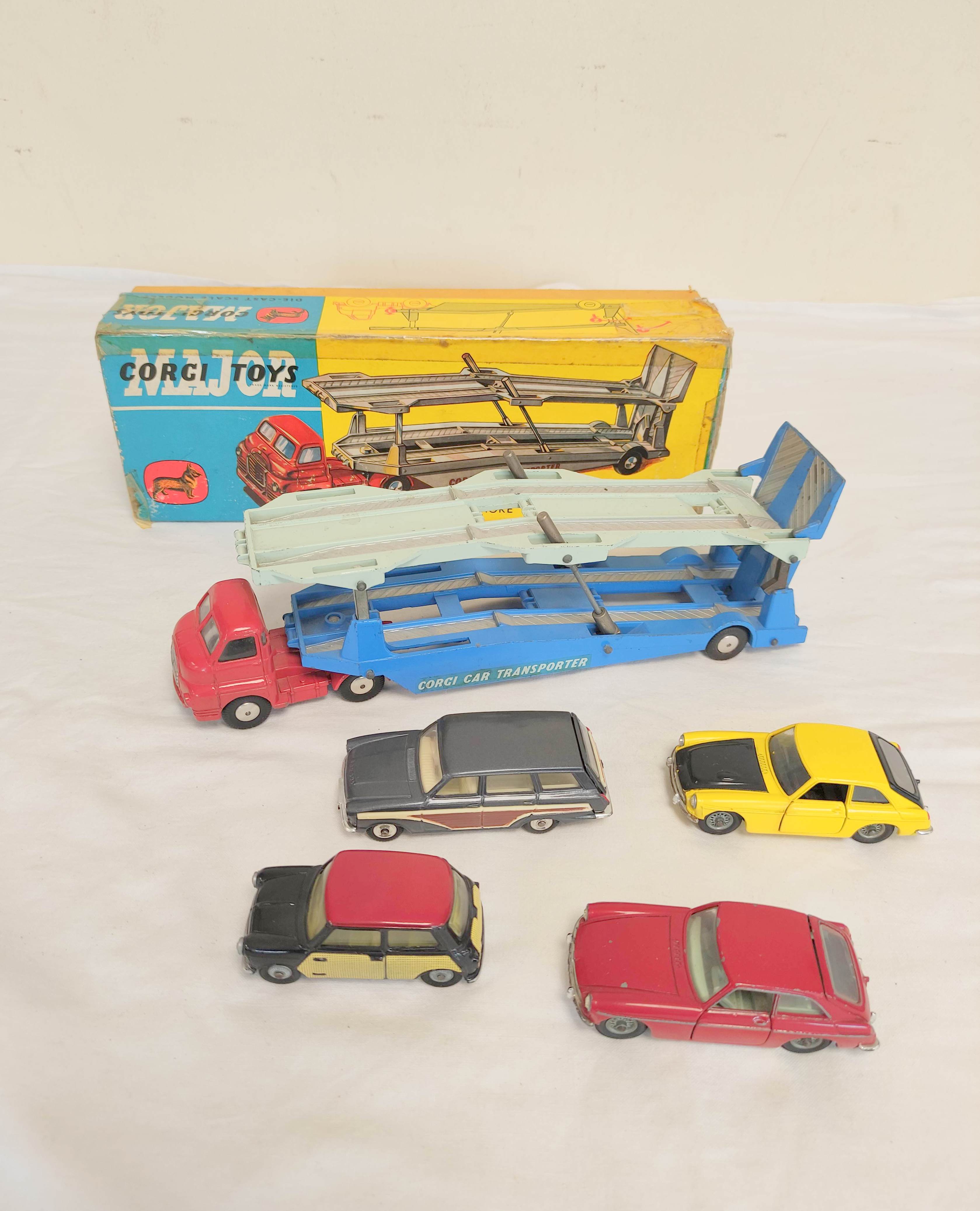 Corgi Toys. Boxed Bedford Carrimore Car Transporter No1101 with four loose cars. Comprising of an