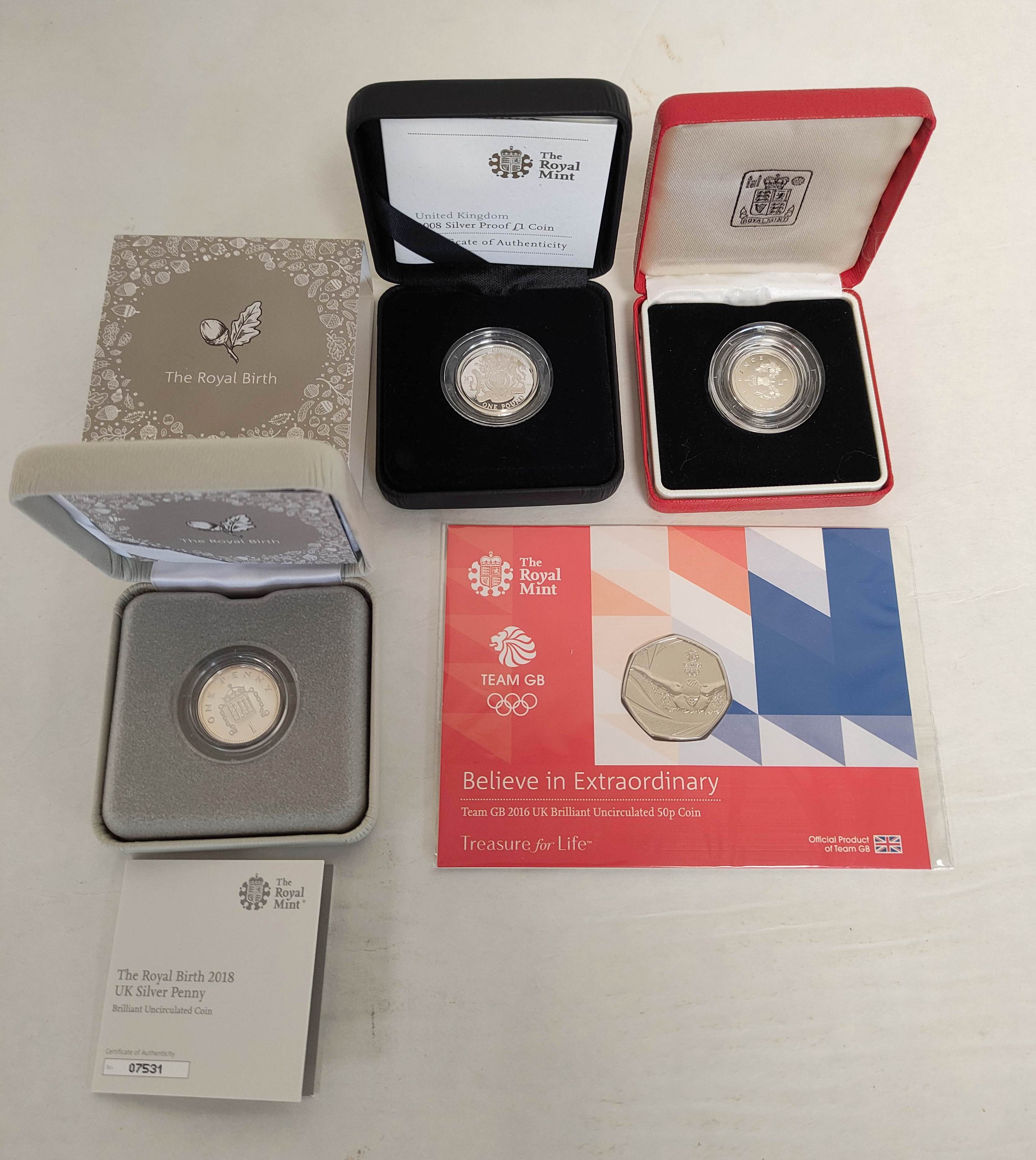 Great Britain- Proof coins to include a 2008 proof silver £1 coin, 1990 silver 5p, 2016 Olympics