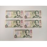 Banknotes Jersey. Elizabeth II five Pristine £1 banknotes dated 9th May 1995 commemorating the