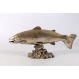 Sterling silver sculpture of a salmon, filled Laurence R Watson & Co., Sheffield, 2009, 30cm long,