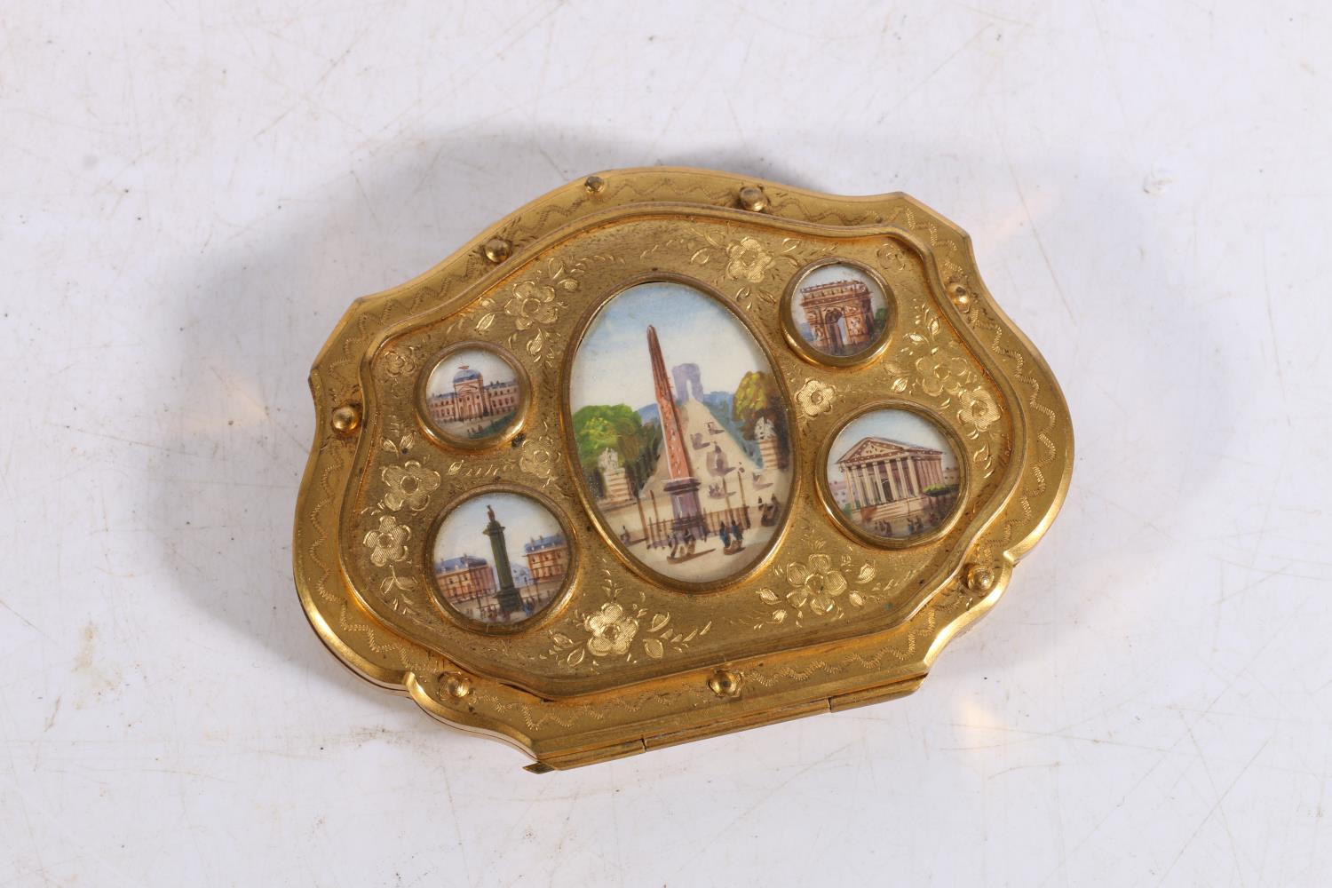 Antique French gilt metal purse set with five hand painted vignettes depicting Arc de Triomphe,