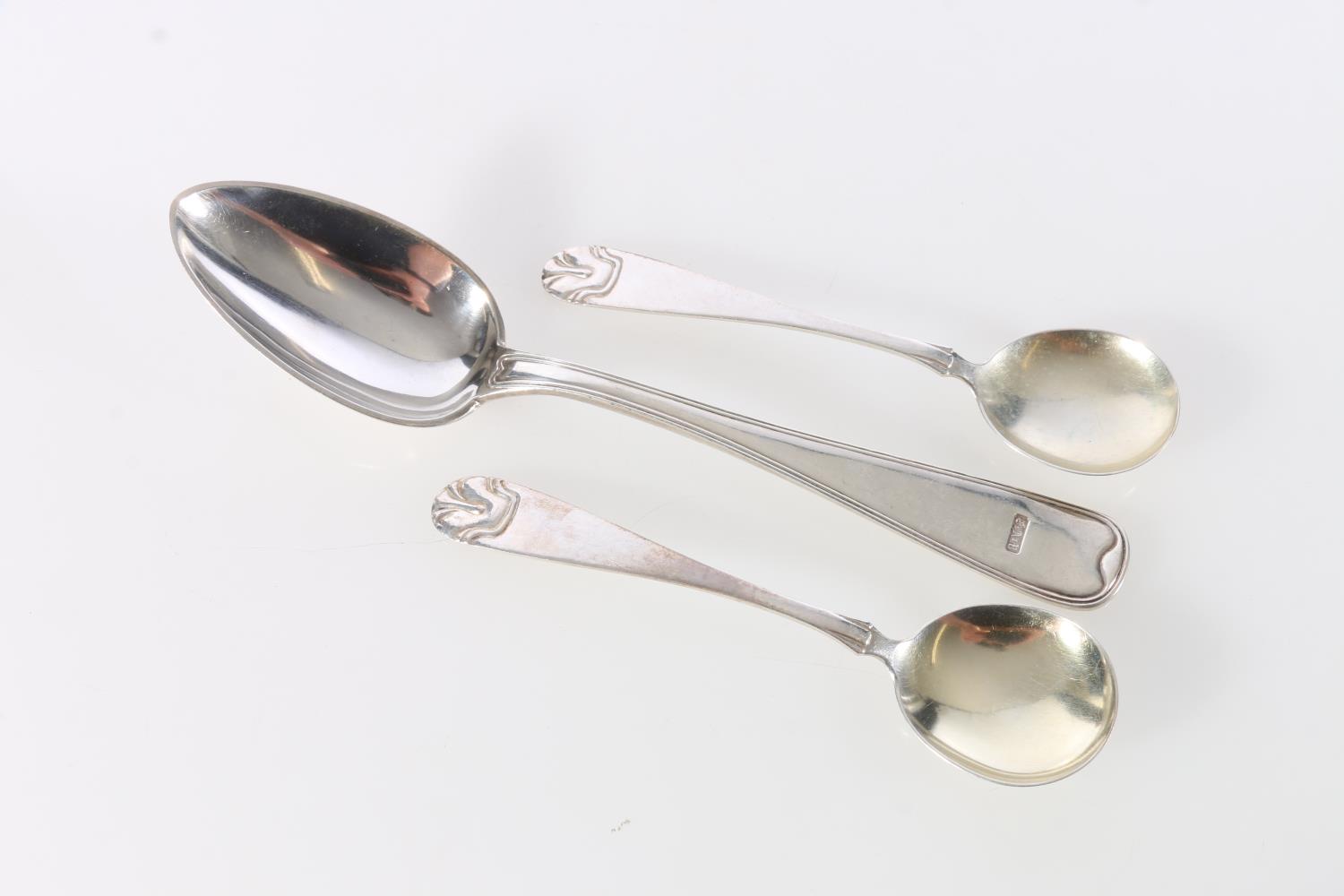 Silver serving spoon, F Brinck, 1856, Norway, 90.6g., and a pair of 830 grade silver spoons, R A